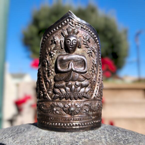 Antique Chinese Export Bracelet Sterling Silver Buddha Ornate Repousse Cuff RARE